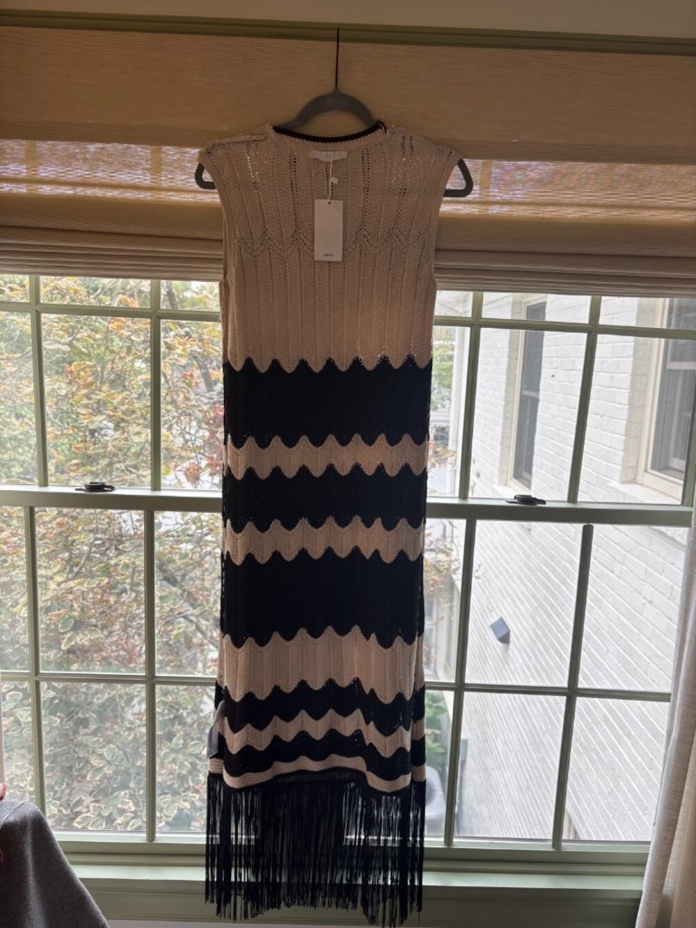 NWT Mango Black & Cream Chevron Knit Midi Dress With Fringe Hem 6